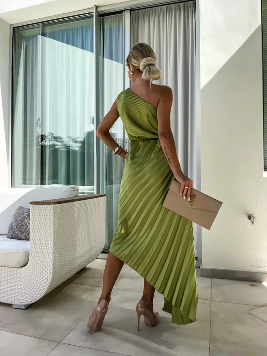 Women's Elegant One-Shoulder Pleated Midi Dress with Floral Detail