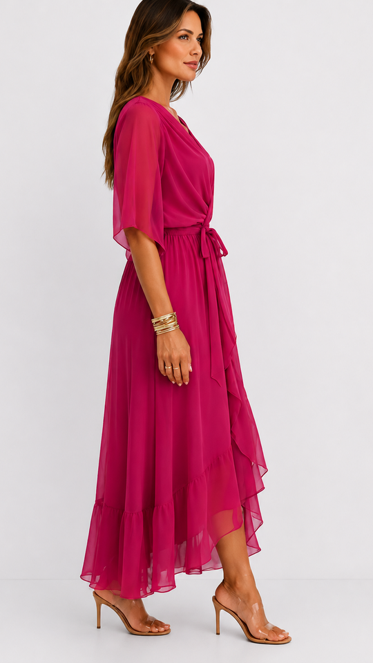 Women's V-Neck Tie Waist High Low Midi Dress