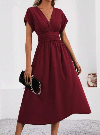 Women's V-Neck Midi Dress with Smocked Waist