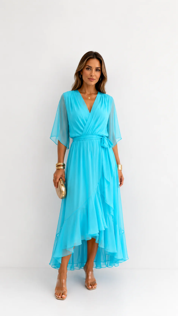 Women's V-Neck Tie Waist High Low Midi Dress