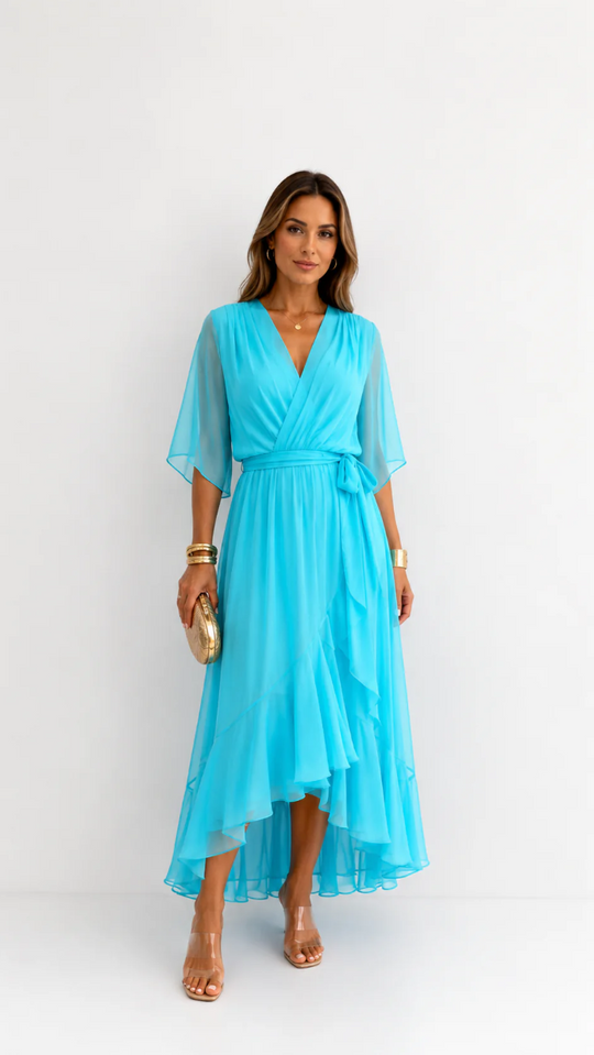 Women's V-Neck Tie Waist High Low Midi Dress