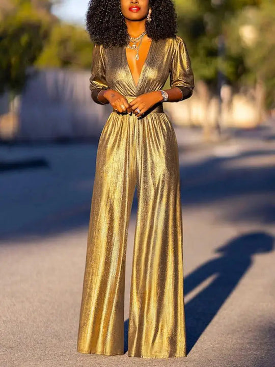 Damen Metallic Weitbein Abend-Jumpsuit