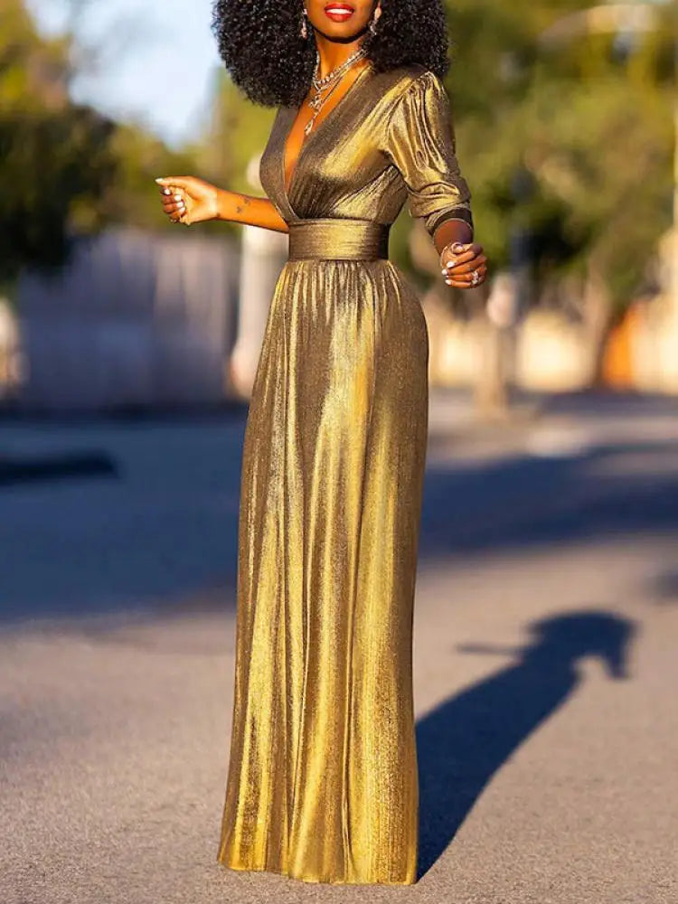Damen Metallic Weitbein Abend-Jumpsuit