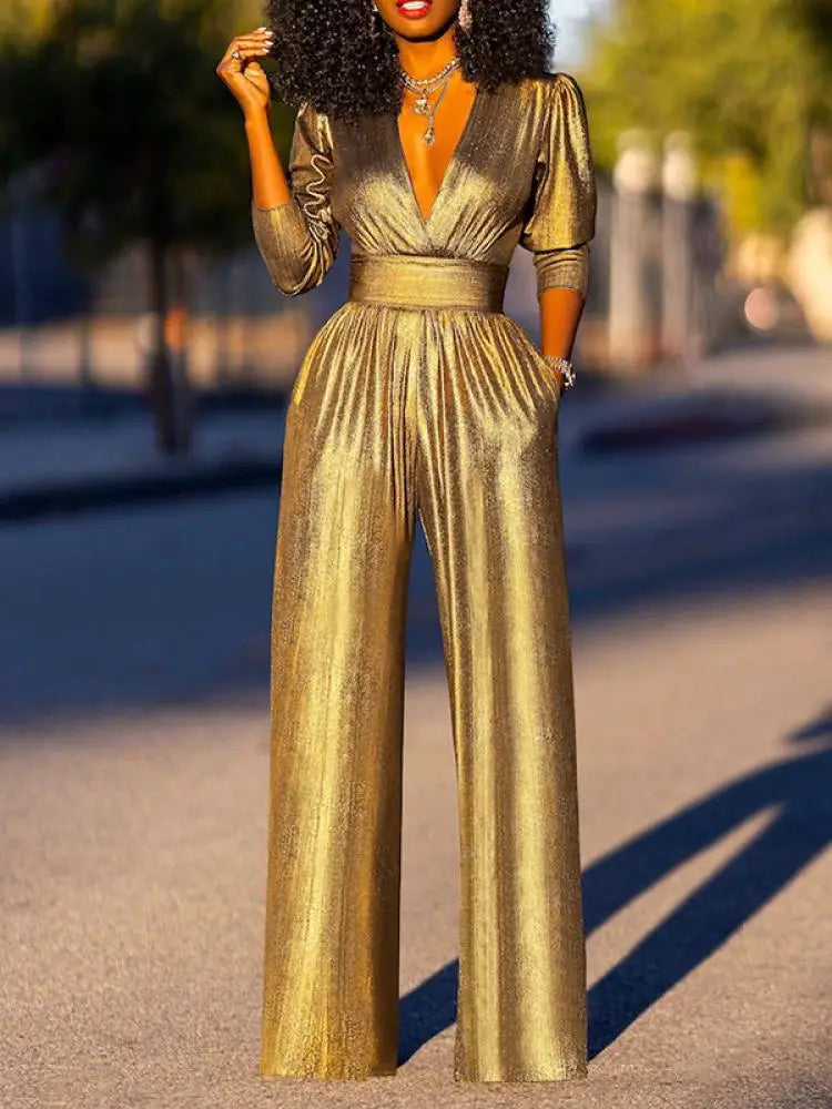 Damen Metallic Weitbein Abend-Jumpsuit