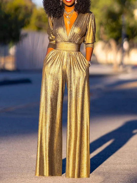 Damen Metallic Weitbein Abend-Jumpsuit