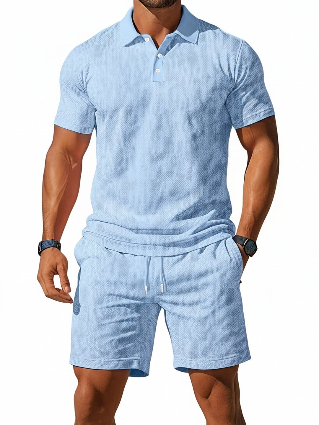 Men's Textured Polo Shirt & Drawstring Shorts Set