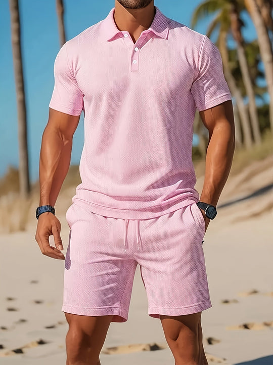 Men's Textured Polo Shirt & Drawstring Shorts Set