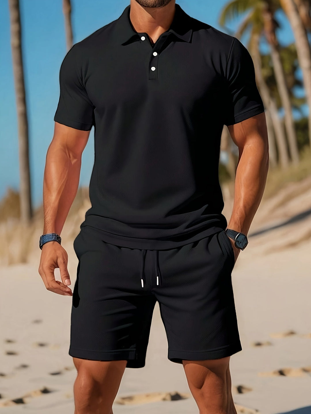 Men's Textured Polo Shirt & Drawstring Shorts Set