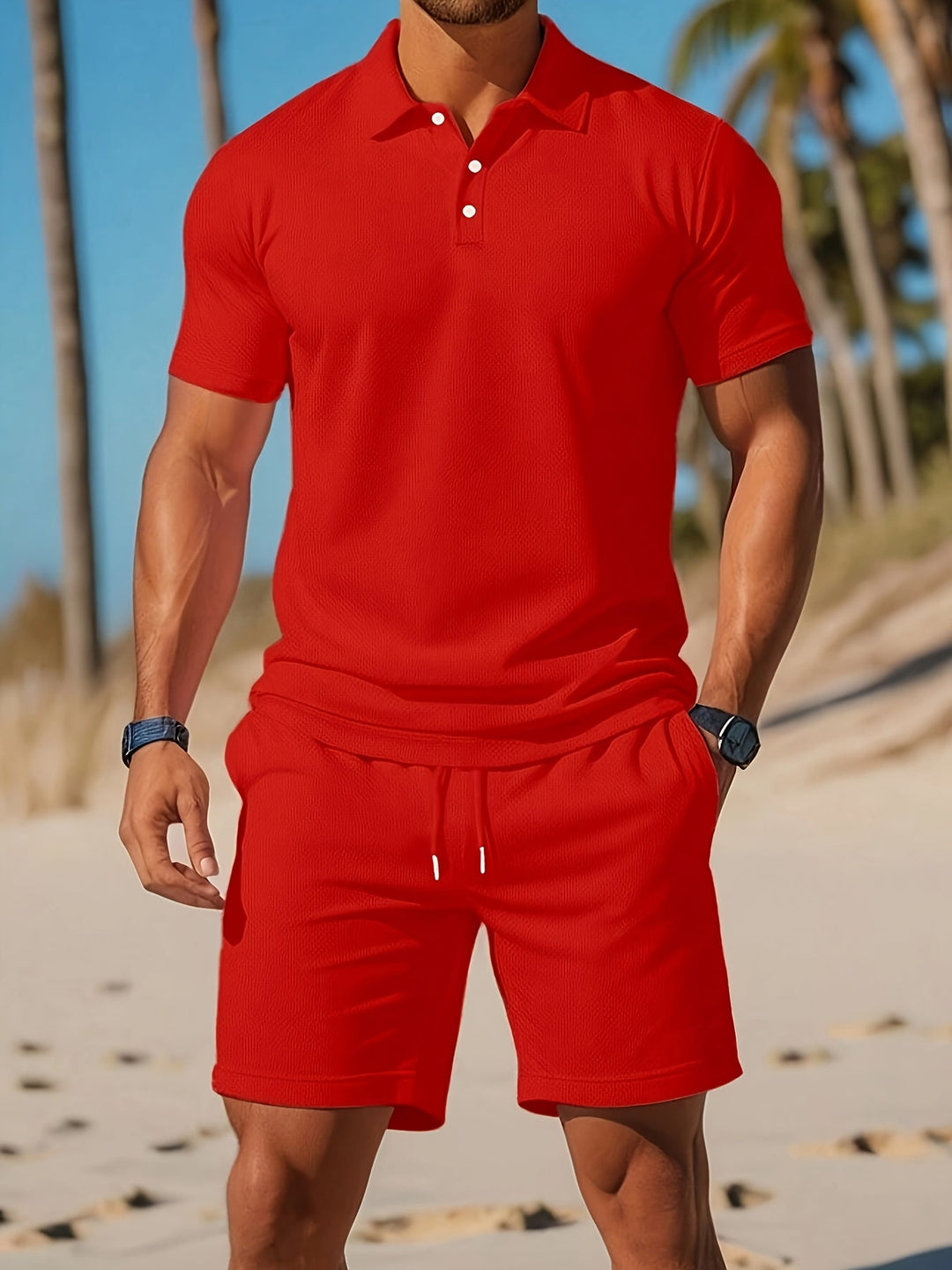 Men's Textured Polo Shirt & Drawstring Shorts Set