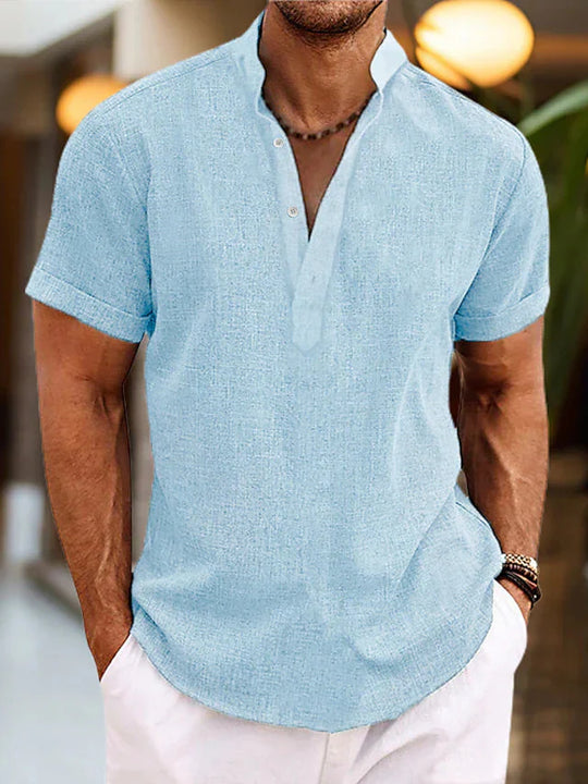 Men's Casual Stand Collar Short Sleeve Henley Shirt
