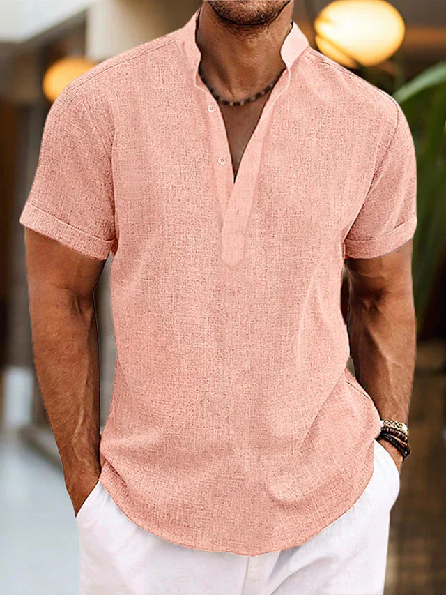 Men's Casual Stand Collar Short Sleeve Henley Shirt