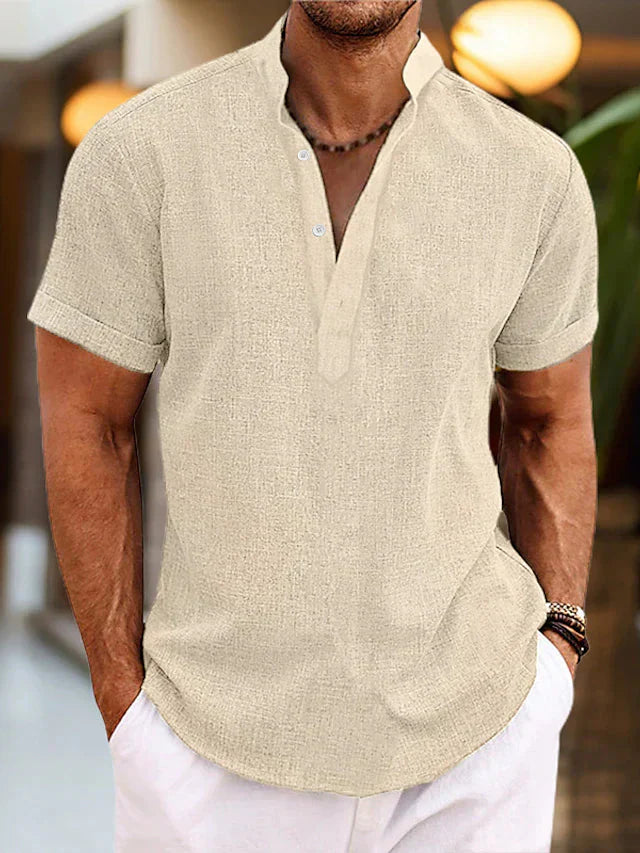 Men's Casual Stand Collar Short Sleeve Henley Shirt