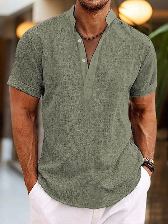 Men's Casual Stand Collar Short Sleeve Henley Shirt