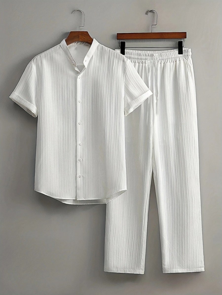 Men's Vertical Pleated Short Sleeve Shirt and Trousers Two-Piece Set