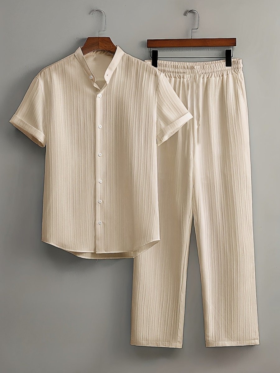 Men's Vertical Pleated Short Sleeve Shirt and Trousers Two-Piece Set