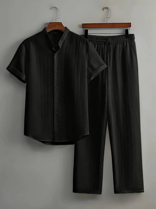 Men's Vertical Pleated Short Sleeve Shirt and Trousers Two-Piece Set