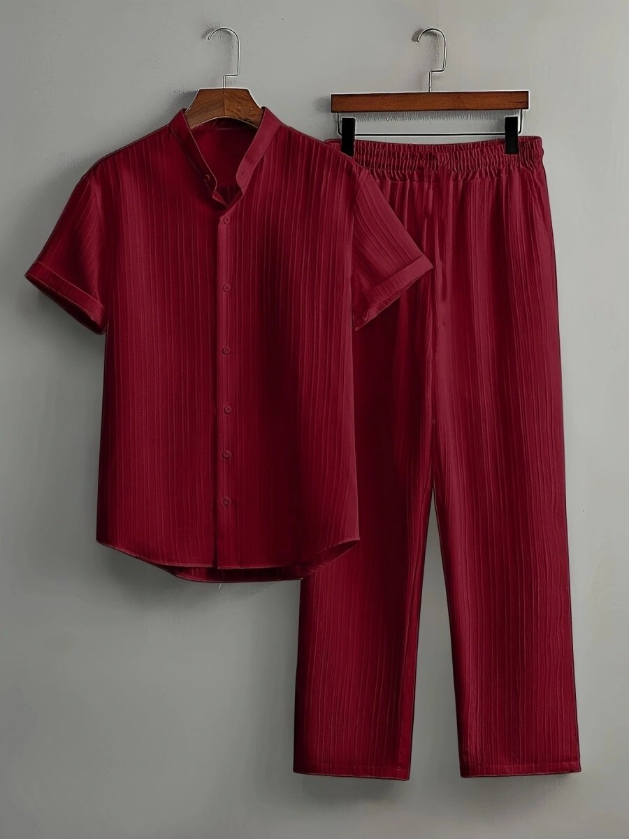 Men's Vertical Pleated Short Sleeve Shirt and Trousers Two-Piece Set