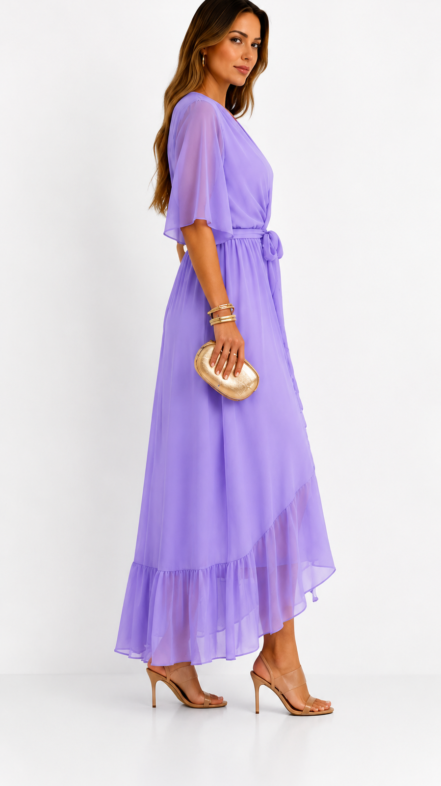 Women's V-Neck Tie Waist High Low Midi Dress