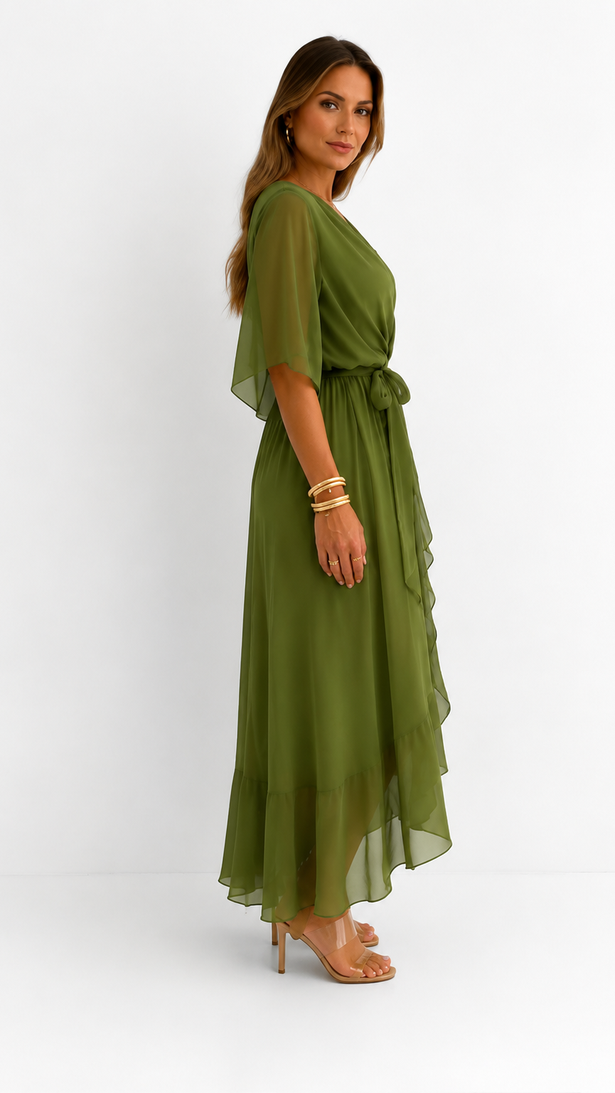 Women's V-Neck Tie Waist High Low Midi Dress