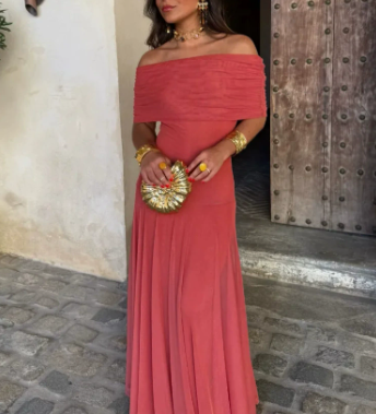 Women's Off-Shoulder Mesh Evening Maxi Dress