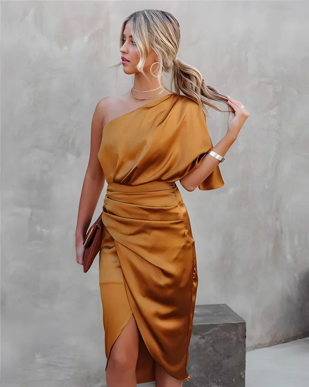 Women's One-Shoulder Satin Ruched Midi Dress