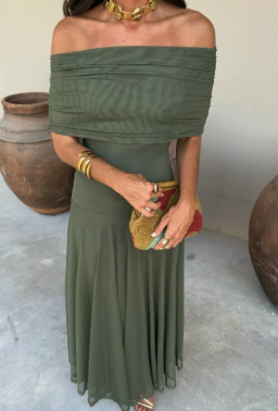 Women's Off-Shoulder Mesh Evening Maxi Dress