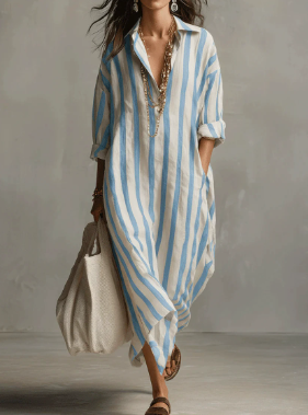 Women's Relaxed Striped Button-Up Maxi Shirt Dress