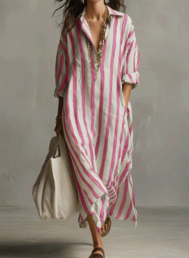 Women's Relaxed Striped Button-Up Maxi Shirt Dress