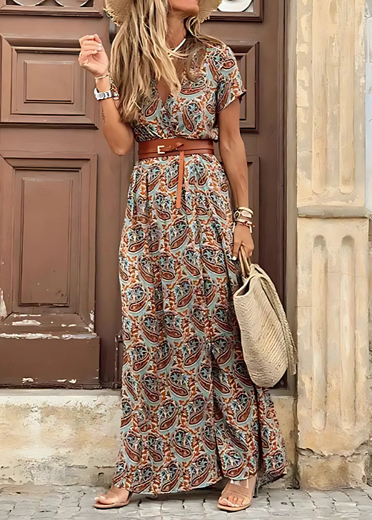 Women's Vintage Floral V-Neck Maxi Dress with Side Slit