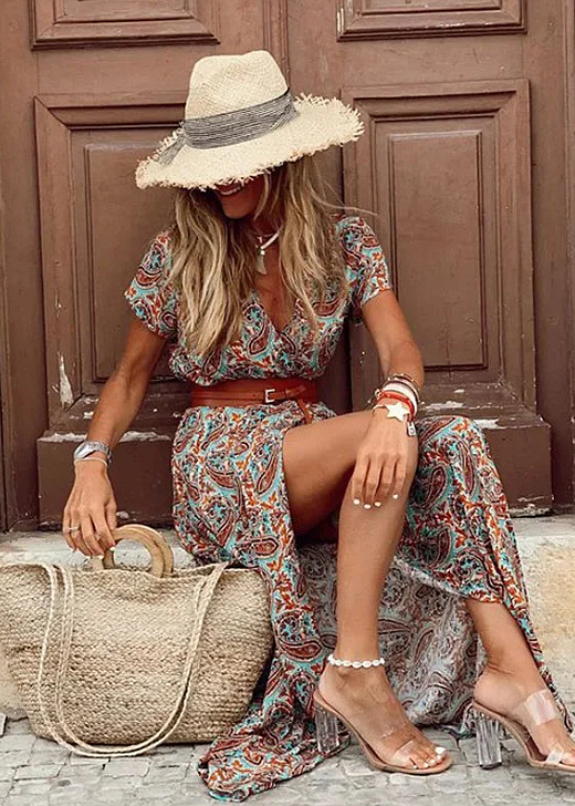 Women's Vintage Floral V-Neck Maxi Dress with Side Slit