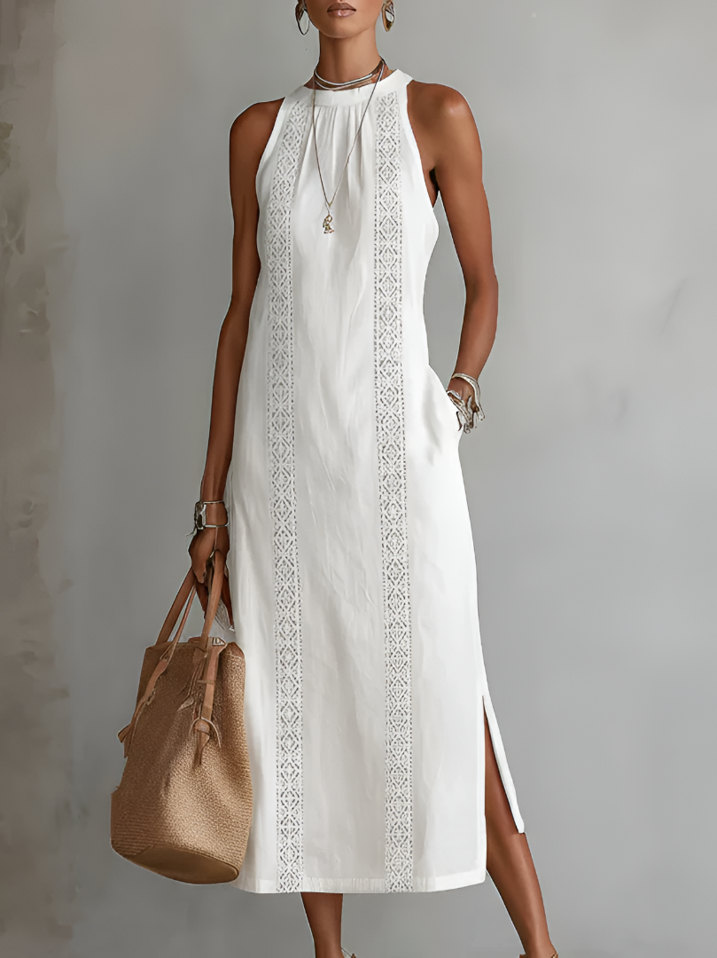 Women's Sleeveless Lace Panel Side Slit Maxi Dress