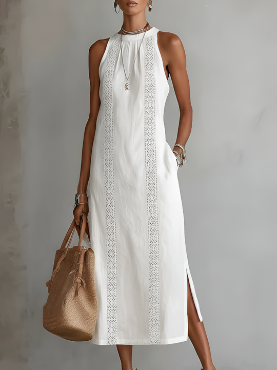 Women's Sleeveless Lace Panel Side Slit Maxi Dress