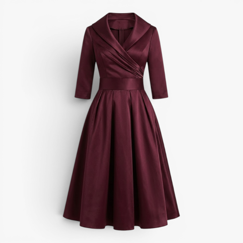 Women’s Elegant Midi Dress with Pleated Bodice and A Line Fit