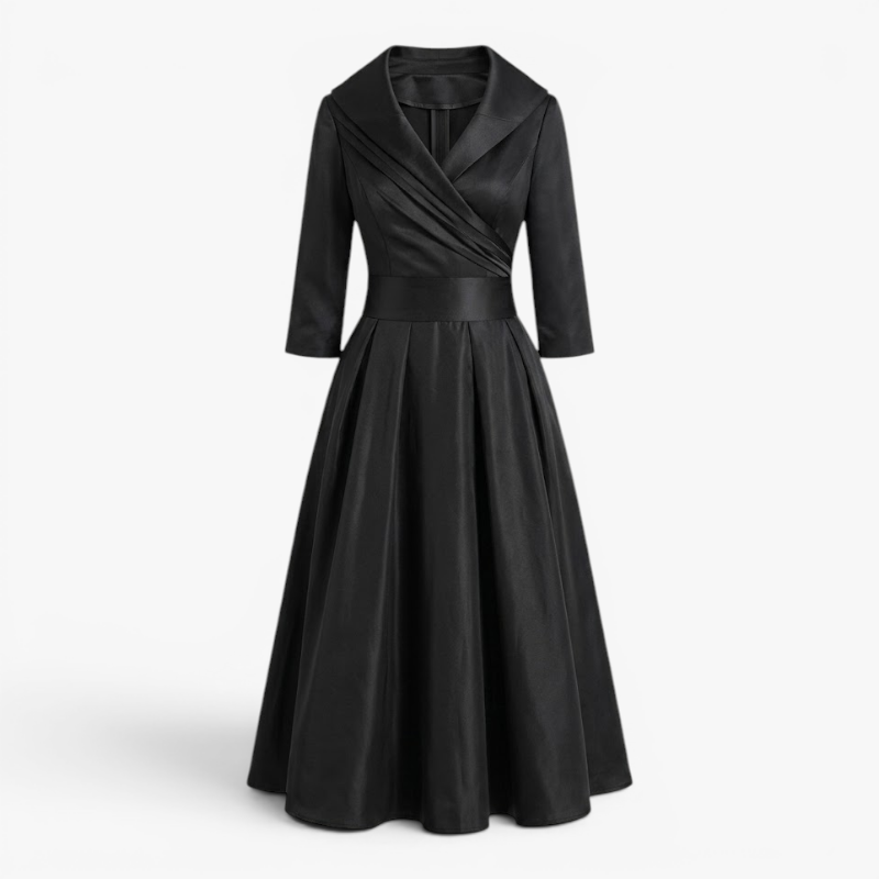 Women’s Elegant Midi Dress with Pleated Bodice and A Line Fit