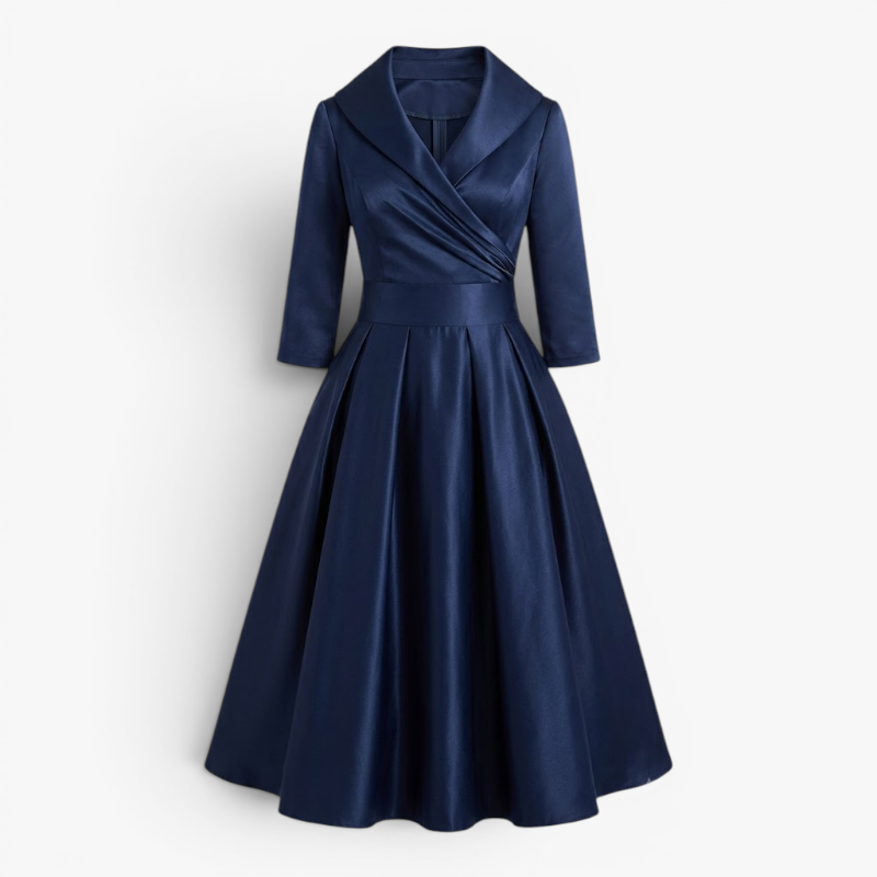 Women’s Elegant Midi Dress with Pleated Bodice and A Line Fit