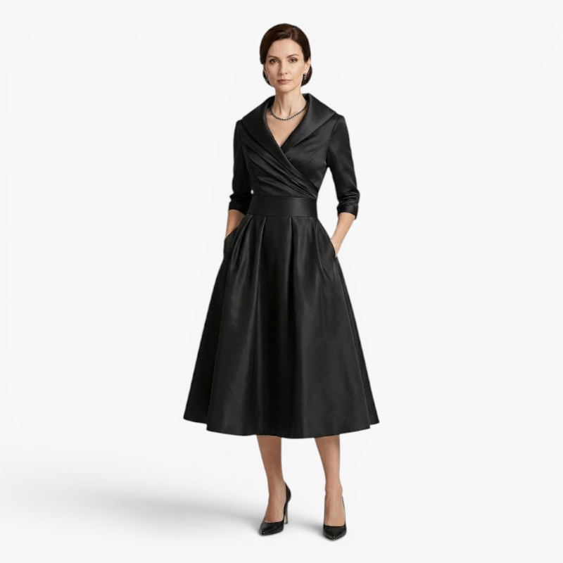 Women’s Elegant Midi Dress with Pleated Bodice and A Line Fit