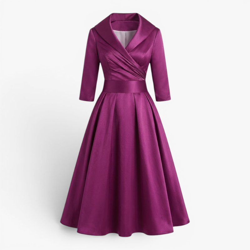 Women’s Elegant Midi Dress with Pleated Bodice and A Line Fit