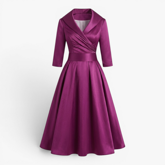 Women’s Elegant Midi Dress with Pleated Bodice and A Line Fit