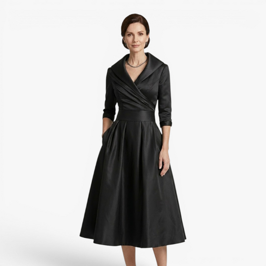 Women’s Elegant Midi Dress with Pleated Bodice and A Line Fit