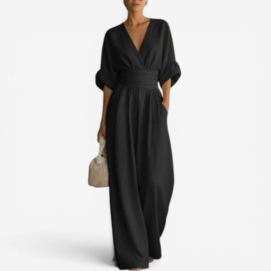 Women's V-Neck Pleated Waist Wide Leg Jumpsuit