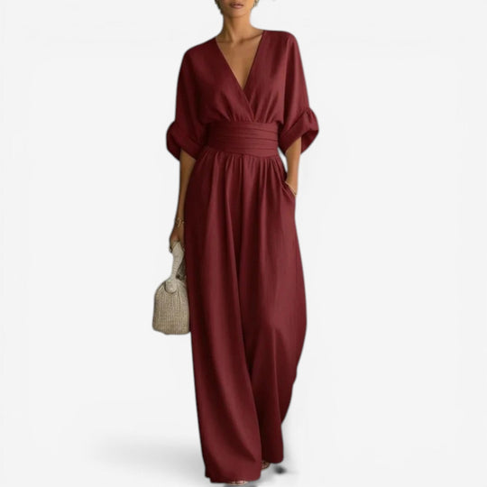 Women's V-Neck Pleated Waist Wide Leg Jumpsuit