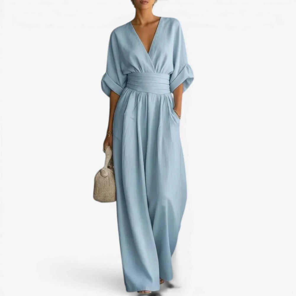 Women's V-Neck Pleated Waist Wide Leg Jumpsuit