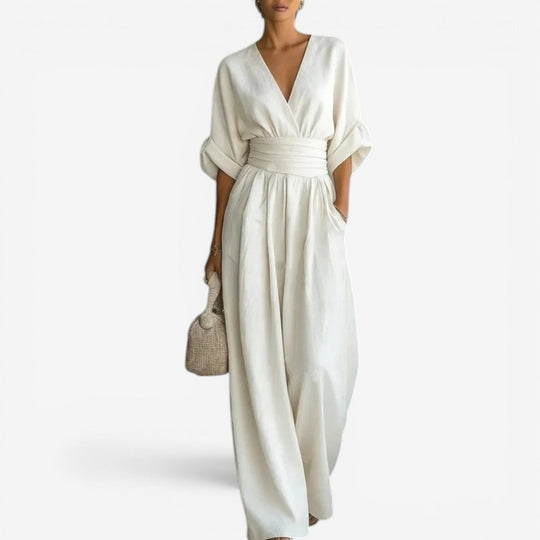 Women's V-Neck Pleated Waist Wide Leg Jumpsuit
