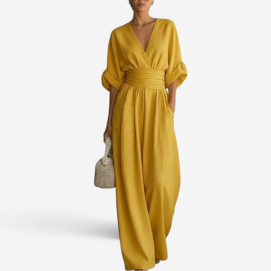 Women's V-Neck Pleated Waist Wide Leg Jumpsuit