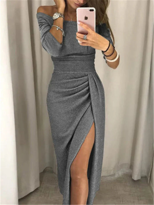 Women's Elegant Off-Shoulder Ruched Wrap Midi Dress