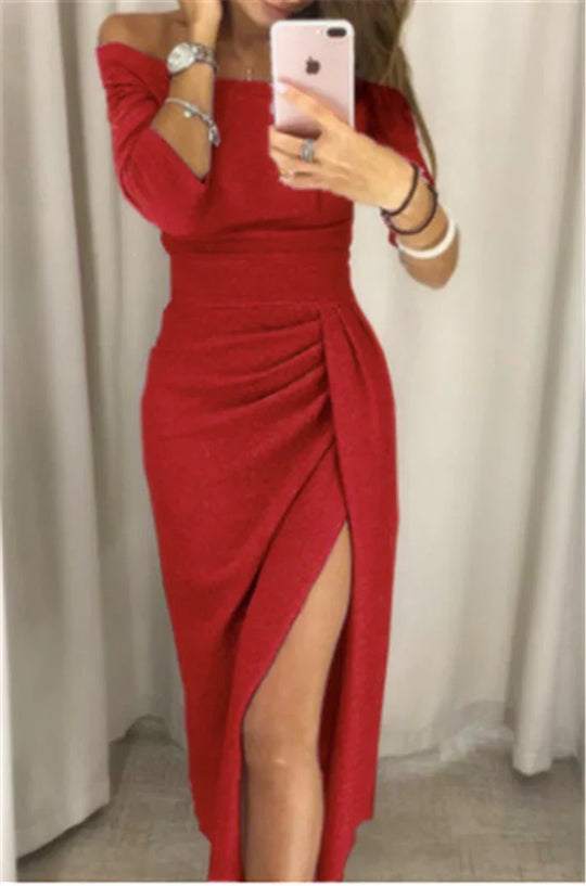 Women's Elegant Off-Shoulder Ruched Wrap Midi Dress