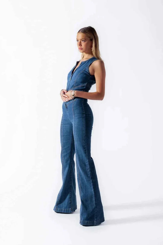 Women's Sleeveless Zip Front Denim Flare Jumpsuit
