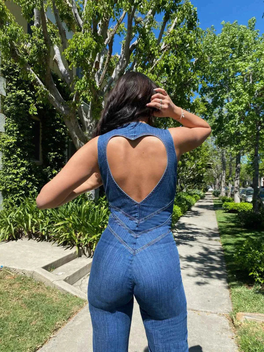 Women's Sleeveless Zip Front Denim Flare Jumpsuit