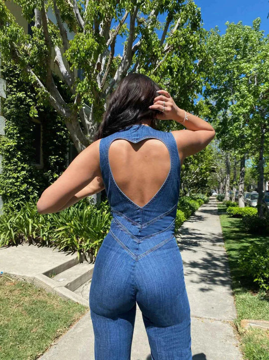 Women's Sleeveless Zip Front Denim Flare Jumpsuit