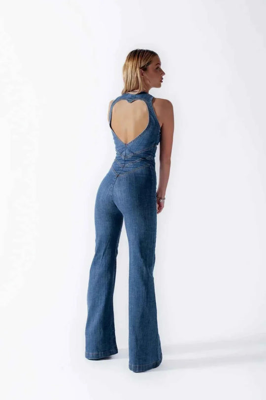 Women's Sleeveless Zip Front Denim Flare Jumpsuit
